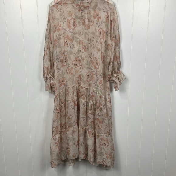 Vici Womens Midi Dress S Cream Pink Pullover Drop Waist Ruffle Cuff Floral Boho - Picture 11 of 15